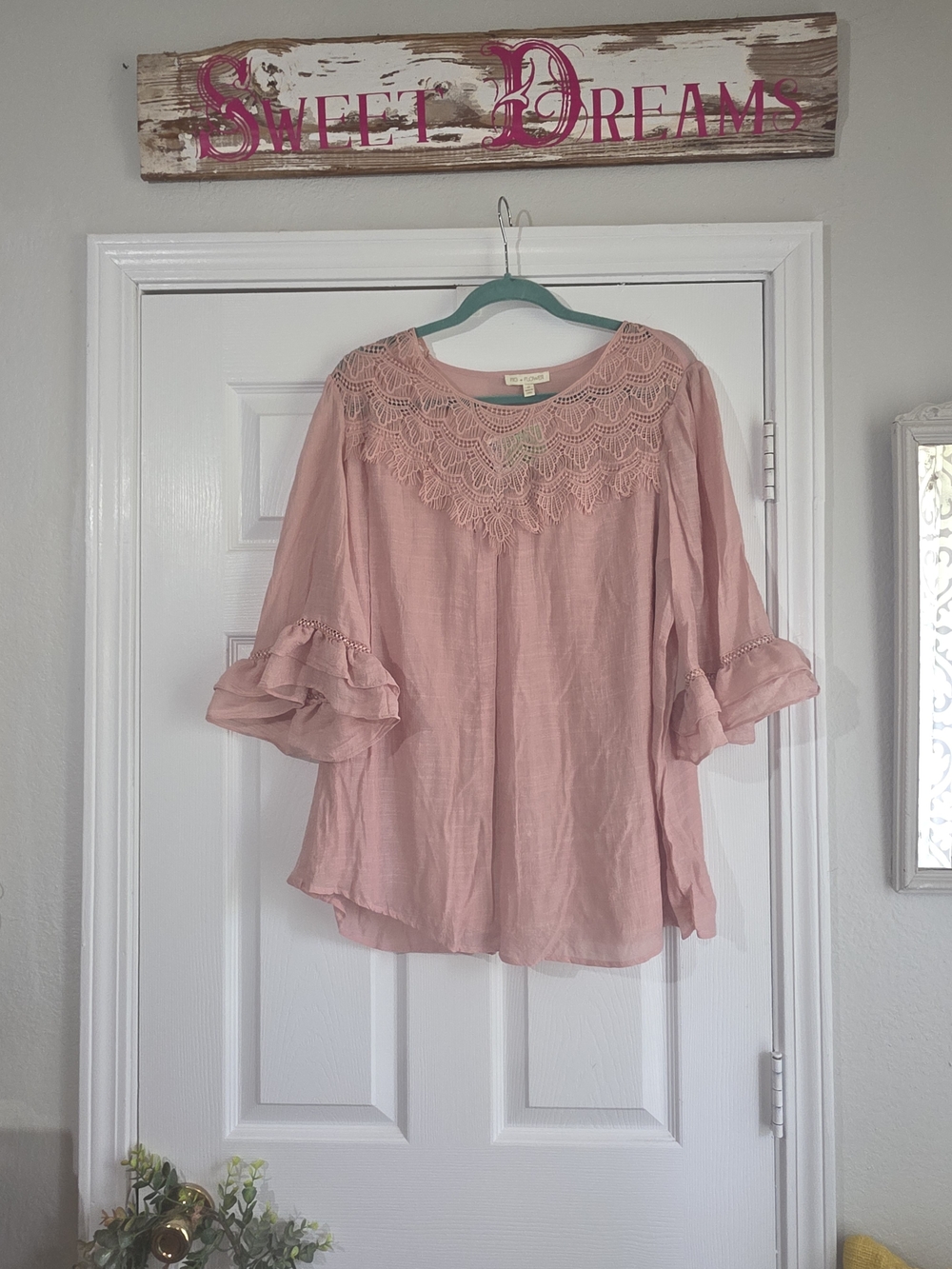 Women's Pink Lace-Trim Peasant Top